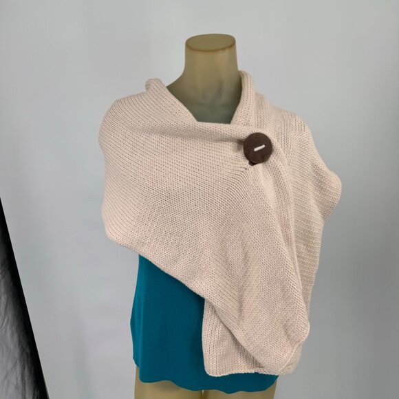 Pure Hand-Knit scarf wrap Cotton Shawl Large Wooden Buttons ivory sweater knit - Picture 2 of 9